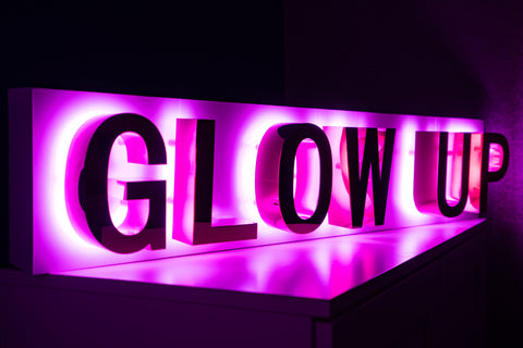 Golden Color Up Sign GLOW UP Built up lettering sign with Pink Halo lit High-Shine Gold let ...