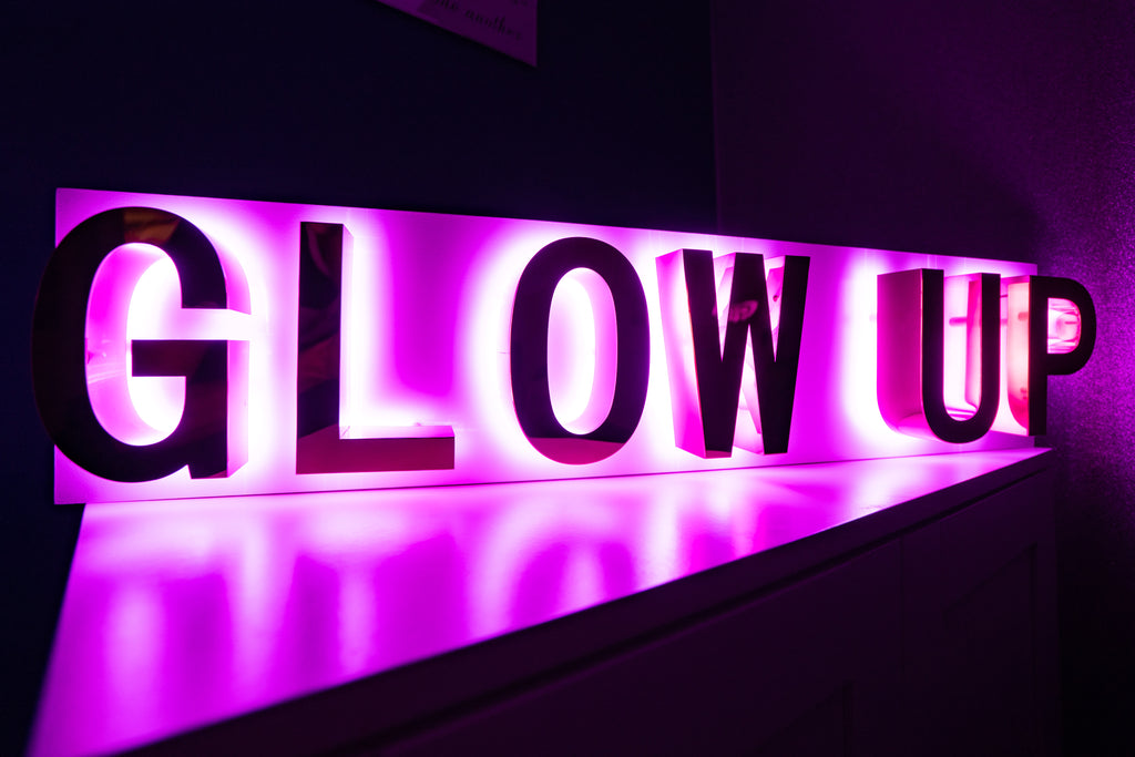 Golden Color Up Sign GLOW UP Built up lettering sign with Pink Halo lit High-Shine Gold let ...