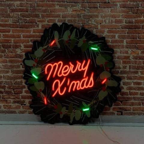 Merry Christmas Neon with UV Printed Wreath effect